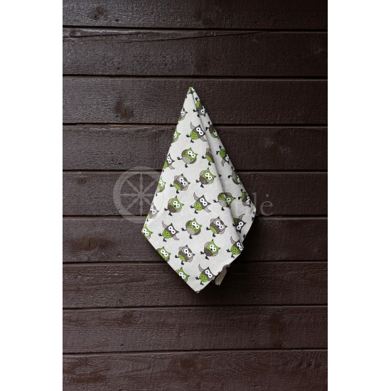 Colourful half-linen kitchen towel "Owls green"